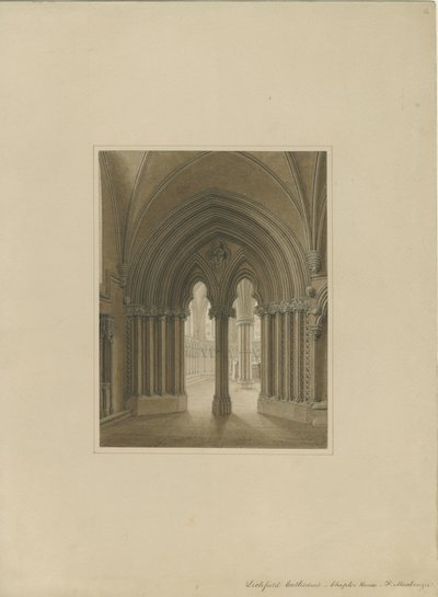 利奇菲尔德大教堂（Lichfield Cathedral）内部-章之家门口：乌贼墨画，nd [c 1820] 作者 弗雷德里克·麦肯齐