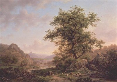 树木茂盛的风景，农民和动物在路上。 作者 弗雷德里克·马里亚努斯·克鲁斯曼