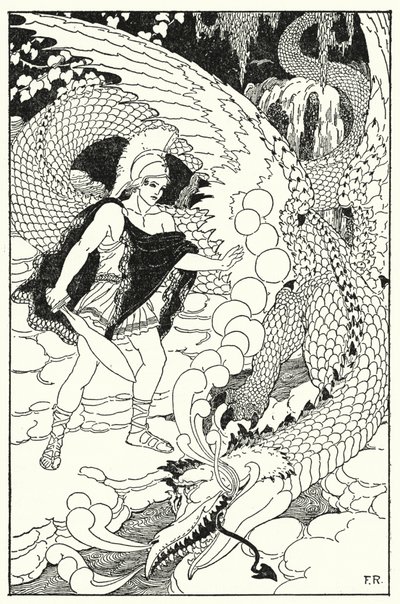 当龙看到卡德摩斯时，他又发出了另一个可恶的嘶嘶声（石版画） 作者 弗雷德里克·理查森