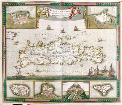 克里特岛地图，可以看到坚固的城镇 La Cane 和 Heraklion 以及 Spinalonga、Retino、Tine 和 Souda 的堡垒（蚀刻 作者 弗雷德里克·德·威特