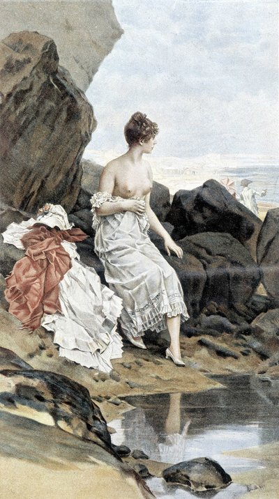 隐藏在海边沐浴的女人——夏天的寓言，休伯特·戴斯绘的日历，F.H. Kaemmerer 绘 作者 弗雷德里克·亨德里克·凯默勒