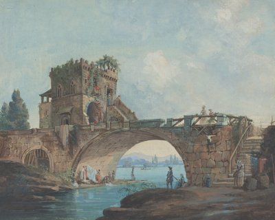 有洗衣女工的萨拉里奥桥 作者 French 18th Century after Hubert Robert