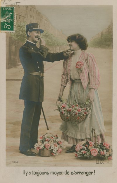 1913年发送的一名法国警察与花童的明信片（手工彩色照片） 作者 法国摄影师