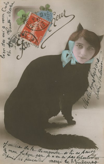 一只猫的明信片与妇女面孔的，在1913年发送了 作者 法国摄影师