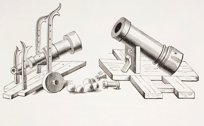 1873年出版的Les Arts au Moyen Age的15世纪大炮，带固定枪架（右）和滚动枪架（左） 作者 法语学校