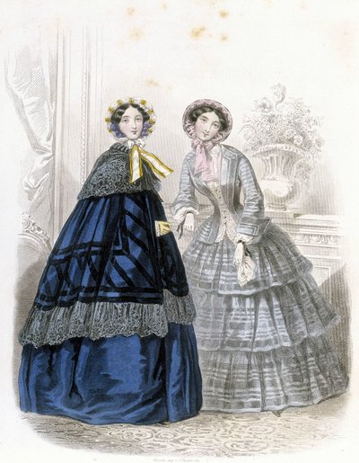 2位时尚女性：穿戴整齐--载于1852年的《Demiselles杂志》（雕刻）。 作者 法语学校