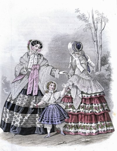 2位时尚女性与一位女孩在散步--载于1852年《Demiselles杂志》。 作者 法语学校