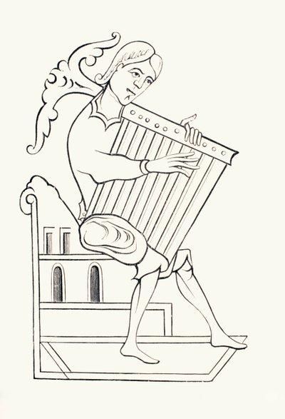 一位9世纪的音乐家，演奏一种名为psalterium的乐器，来自&39;Les Arts au Moyen Age&39;，1873年出版（版画） 作者 法语学校
