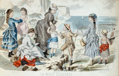 诺曼底海滩，1875年（彩色雕刻） 作者 法语学校