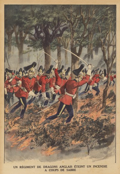 一个英国龙骑兵团用他们的剑灭火（彩色石版画） 作者 法语学校