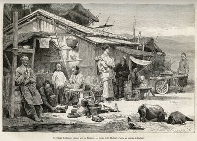 加利福尼亚州蒙特雷附近的一个华人渔村见证了在美国太平洋沿岸建立的重要华人社区。 在 D.Maillard 的画后雕刻，以说明故事 La conquete blanche，由 William Hepworth 作者 法语学校