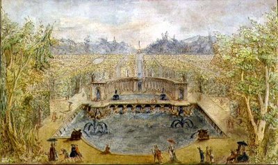 带喷泉的正式花园，约1770年（纸上笔墨和水彩）。 作者 法语学校