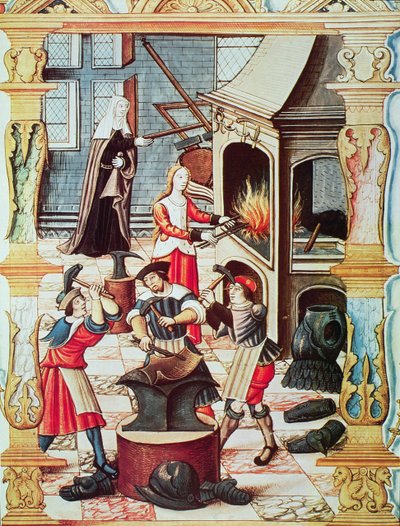 16 世纪的法国锻造厂，《Chants royaux sur la Conception Couronnee du Puy de Rouen》的微型复制品（彩色平版印刷） 作者 法语学校