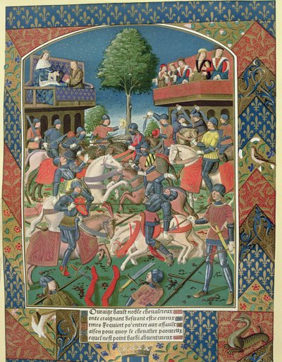《骑士锦标赛》，摘自《兰斯洛特杜拉克》，由安托万·韦拉尔 (Antoine Verard)（1485-1512 年）印刷 作者 法语学校