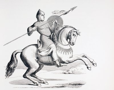 1873年，诺曼骑士身穿链甲和头盔，携带长矛和盾牌 作者 法语学校