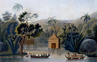 位于Waigou岛Offak港的高跷精神之家，来自Corvette Coquille的世界各地的中尉Louis Isodore Duperrey，1826年 作者 法语学校