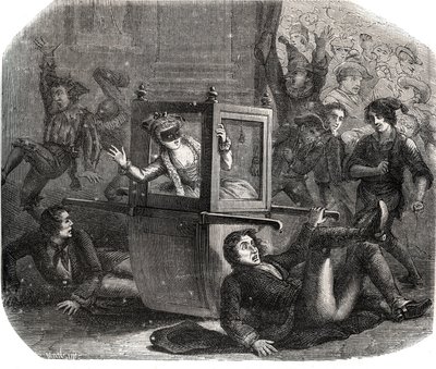 一群小丑让玛丽-泰蕾兹（Marie Therese）-勒瓦瑟尔（Levasseur）（1721-1801），一个狂欢节的服装，在她的轮椅上无法前进。她是那些曾经的恋人之一的报复的受害者。雕刻于1871年的 "Histoire Des Cocus C"。 作者 法语学校