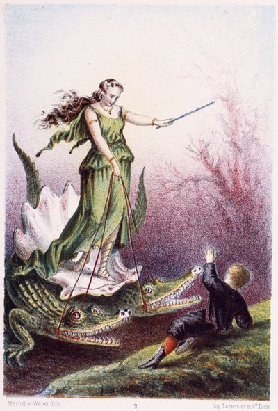 一个男孩站在一个由两条鳄鱼驾驶的坦克上，前面是一个女人--见 H. de la Blanchère 的《海底之旅》。巴黎，编辑Jouvet et Cie, sd.1880. 作者 法语学校