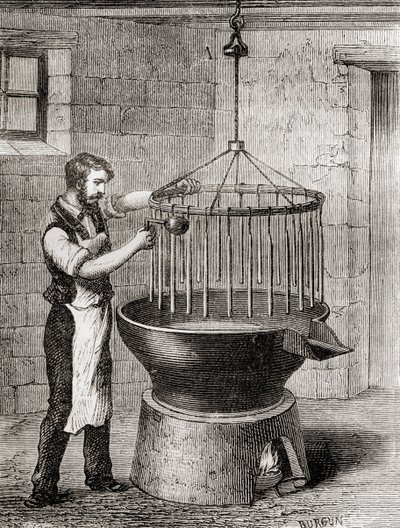 19 世纪制作蜡烛的商人，选自《Les Merveilles de la Science》，约 1870 年出版（雕刻）。 作者 法语学校