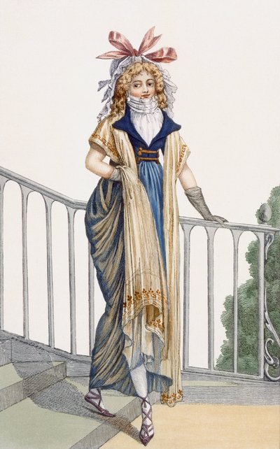 乡村风格的步行连衣裙，来自Journal des Dames et des Modes，1797的插图 作者 法语学校