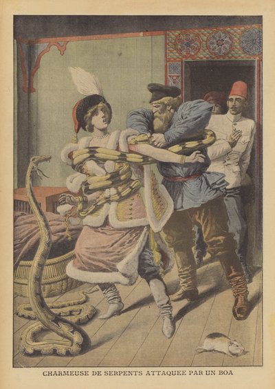 在亚历山大，一名女耍蛇人被蟒蛇袭击（彩色石版画） 作者 法语学校