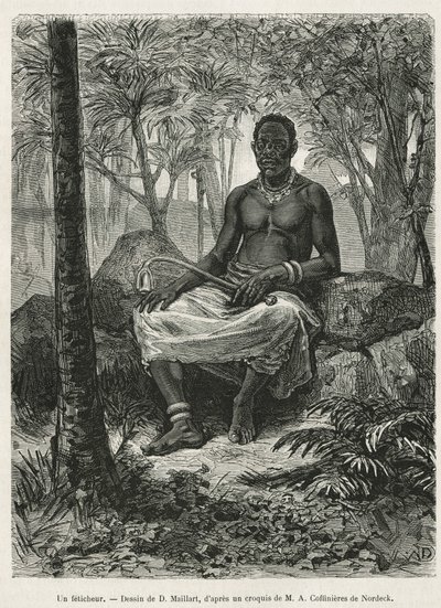 D.Maillart绘制的一位能够使用 "feticheur "魔力的巫师，为阿尔弗雷德-马尔凯 1875-1877 年加蓬和奥古河之旅的故事配图。世界之旅》中的版画 作者 法语学校