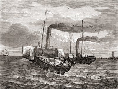 1850 年，约翰-沃特金斯-布雷特的英法电报公司使用改装的拖船 "歌利亚 "号和 "威金 "号，首次尝试在英吉利海峡下铺设从多佛尔到加来的第一条线路。 作者 法语学校