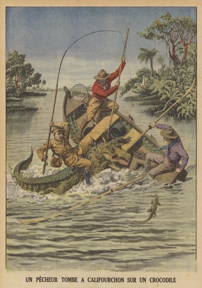 一名渔夫在鳄鱼倾覆他的船后骑在他身上（彩色石版画） 作者 法语学校