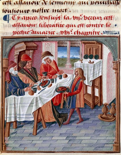 一个男人与一个需要帮助的穷人分享他的桌子 迷你画，摘自 "Le livre de bonnes moreurs de Jacques Legrand" 1490 Chantilly, Musee Conde 作者 法语学校
