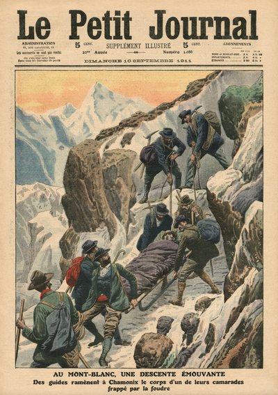 沿着勃朗峰（Mont Blanc）移动下降，插图来自&39;Le Petit Journal&39;，补充说明，1911年9月10日（彩色光刻） 作者 法语学校