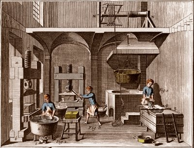 一个造纸厂 - 文具。拼贴 - "The Great Encyclopedie, ou Dictionnaire Raisonne des Sciences, des Arts et des Metiers"（大百科全书或科学、艺术和专业词典），作者是丹尼斯-狄德罗（1713-1784）和让-达朗贝尔（1717-1783）。 作者 法语学校