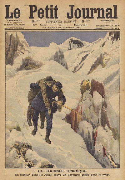 一个邮递员在阿尔卑斯山的雪地里拯救一个迷路的旅行者（彩色平版印刷）。 作者 法语学校