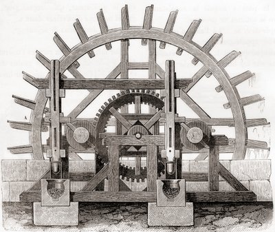 Les Merveilles de la Science 的 19 世纪绘图后的粉磨机及其水轮，出版于 1870 年（雕刻） 作者 法语学校