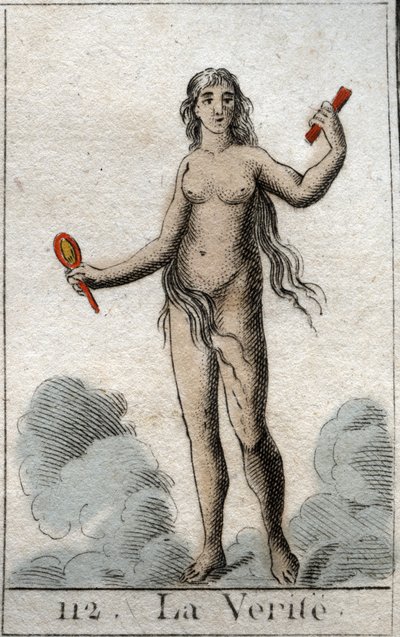 A representation of the god of the Truth, a naked young woman with a candid face, she holds a mirror. (Representation of Truth, as a naked young woman with forthrighted face, she holds a mirror). From “Mythology of Youth” by Pierre Blanchard 1803. 作者 法语学校