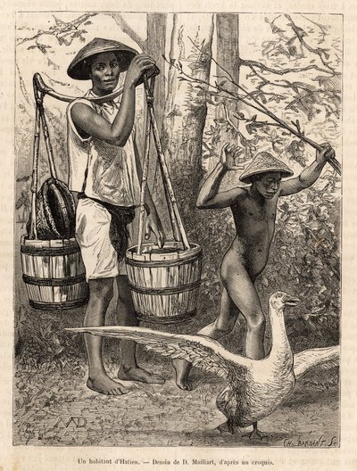 Hatien（越南）的一名居民提着水桶和篮子，一个孩子用棍子打鹅，这幅画是罗宾的一幅画，描绘了莫里斯博士在 1872 年的科钦钦航行，发表在“世界之旅”上 ” 1875 年，E 编辑 作者 法语学校