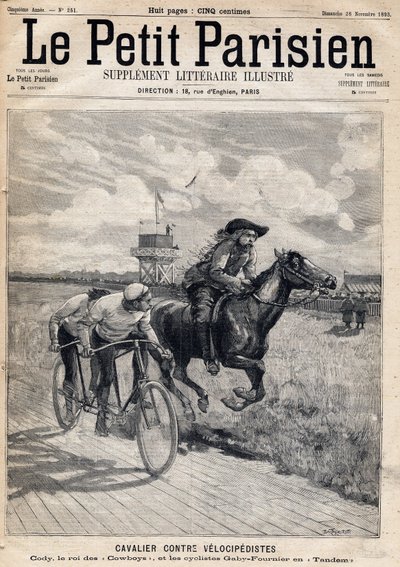 一名骑手与骑自行车的人赛跑。威廉-弗雷德里克-科迪（1846-1917），人称水牛比尔，被称为牛仔之王，与骑自行车的盖比和福尼尔串联。1893年11月26日的《小巴黎人报》之一（雕刻）。 作者 法语学校