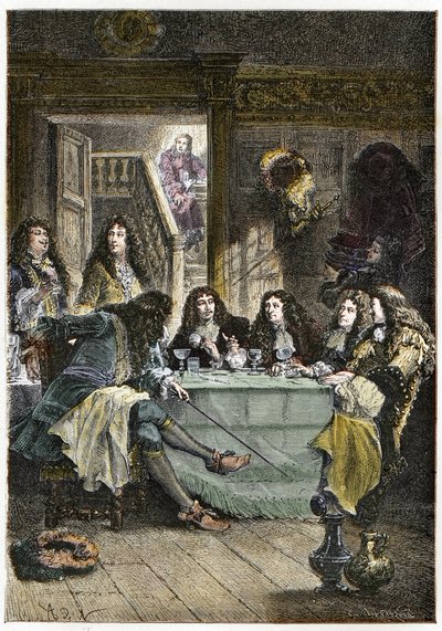 一个汇集了法国作家Jean de La Fontaine (1621-1695)、Nicolas Boileau-Despreaux (Boileau Despreaux)（1636-1711）、剧作家Jean Baptiste Poquelin dit Moliere（1622-1673）和诗人Jean Racine（1639-1699）的沙龙（Cabaret） - La Fontaine, Boilea 作者 法语学校