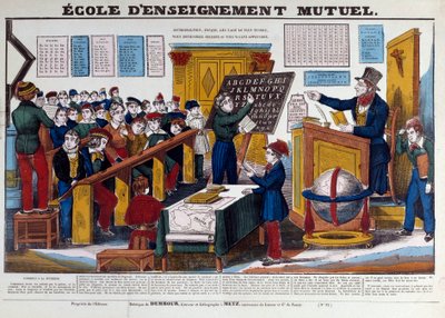 1815 年左右在法国兴起的互助教育学校。19 世纪的雕刻作品，巴黎，卡纳瓦罗博物馆 作者 法语学校
