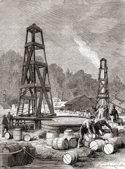 1858 年，美国宾夕法尼亚州阿勒格尼河上油溪的石油来源，由埃德温·劳伦汀·德雷克（又名德雷克上校）从《科学科学》一书中发现，出版于 1870 年（雕刻） 作者 法语学校