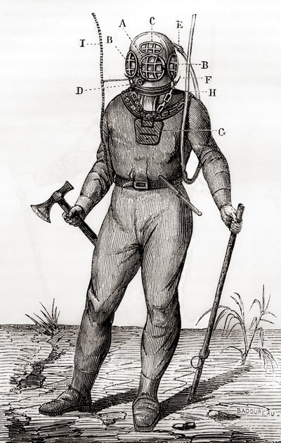 约瑟夫-马丁-卡比罗尔在1855年获得专利的标准潜水服，来自《科学的奇迹》，约1870年出版（雕刻）。 作者 法语学校