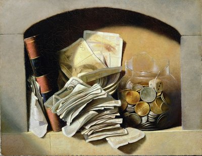 纸币，硬币和一个破碎的玻璃罐子在一个利基的一个trompe loeil 作者 法语学校