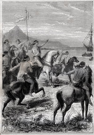 一队骑马的人打着白旗。约翰-拜伦海军中将（1723-1786）1764年在麦哲伦底特律的东口被德维尔金角的当地人接待--插图来自 "18世纪伟大的航海家" 作者 法语学校