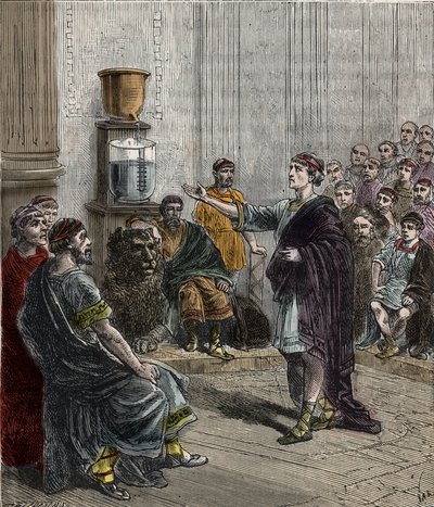 雅典的水钟--古希腊--la clepsydre a Athenes--Alexis Clerc所作的《置于所有人门口的科学--物理学和化学》中的雕刻--19世纪末--私人收藏 作者 法语学校