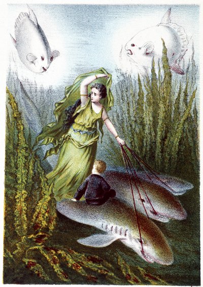 在 H. de la Blanchère 的 "海底之旅 "中，一个女人和一个男孩在逃离鲨鱼巨鱼。巴黎，Jouvet et Cie, sd.Jouvet et Cie, sd.1880. 作者 法语学校