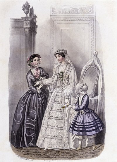 一个穿着婚纱的女人被一个女孩和一位女士包围着--在1852年的《Demiselles杂志》中。 作者 法语学校