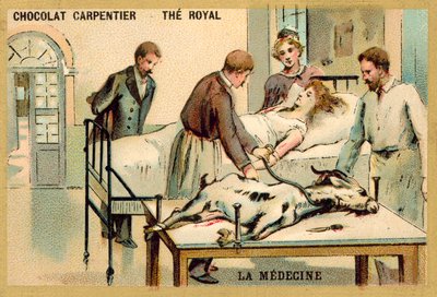 A woman receiving a blood transfusion from a goat (chromolitho) 作者 法语学校