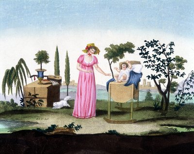 一位年轻母亲和她的新生儿。装饰艺术。约 1810 年。 作者 法语学校