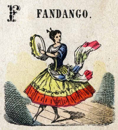 初学者。 字母 F 喜欢 Fandango。 小百科字母，流行系列。 Epinal 成像，19 世纪后期 作者 法语学校