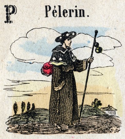 Abecedary.字母P，如Pelerin。小百科全书式的字母表，流行系列。埃皮纳尔成像，19世纪末 作者 法语学校