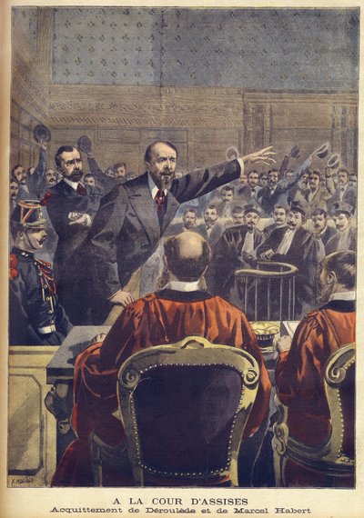 1899年6月在《小报》上刊登的巴黎巡回法庭对保罗-德鲁勒德和马塞尔-哈贝特的无罪判决（雕版印刷）。 作者 法语学校